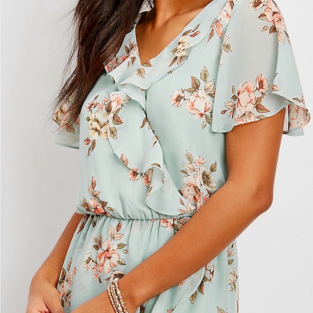 Maurices Flutter Sleeve Chiffon Wrap Mini Dress Mint Green Floral Size Small - Picture 3 of 12